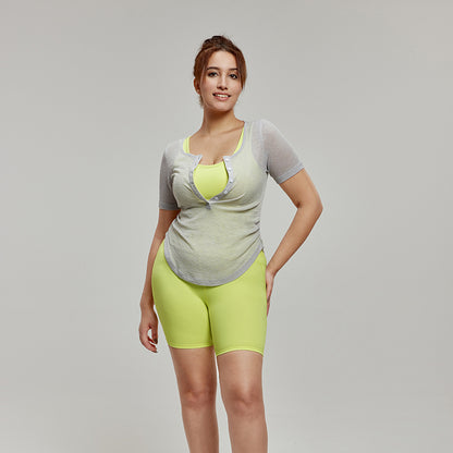 Plus Size Yoga Clothes Short-Sleeved Waist Slimming Slightly Fat Girl Sports Cover-up Tops