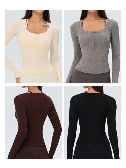 Long Sleeve Yoga T-Shirt Women Slim Fit Slimming U-Neck Henley Top Featherun