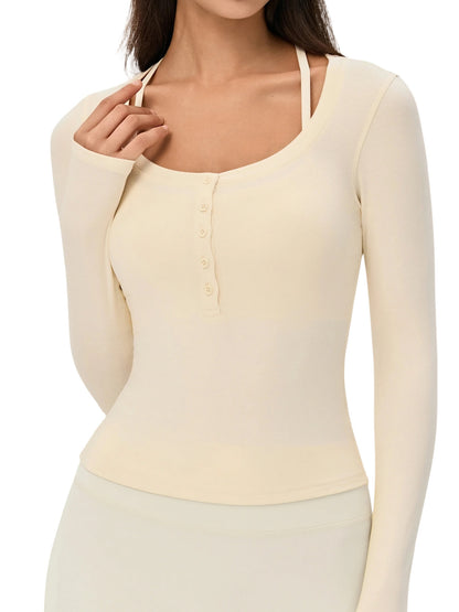 Long Sleeve Yoga T-Shirt Women Slim Fit Slimming U-Neck Henley Top Featherun