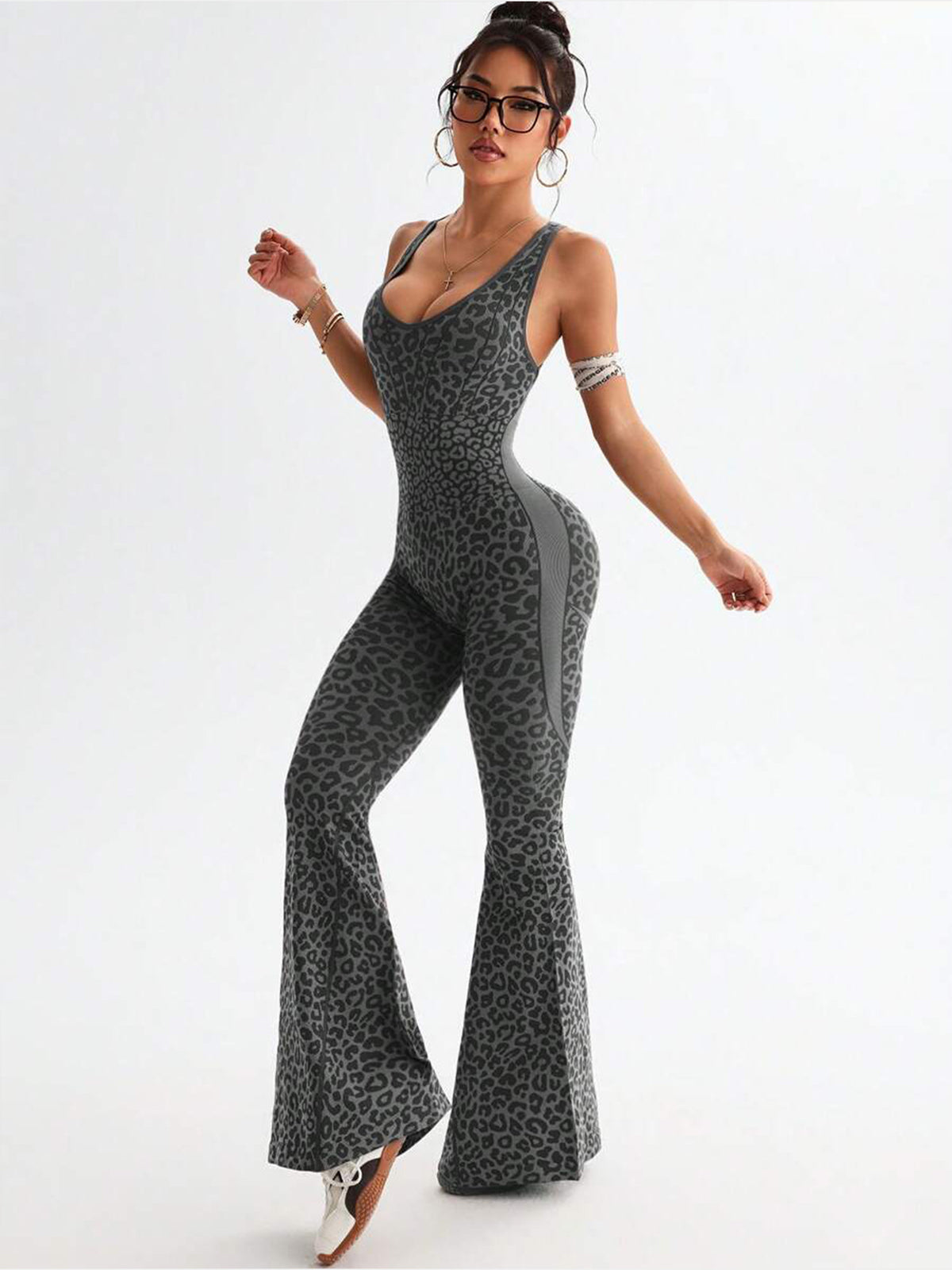 Yoga Jumpsuit Leopard Seamless Cross Back One Piece Women Featherun