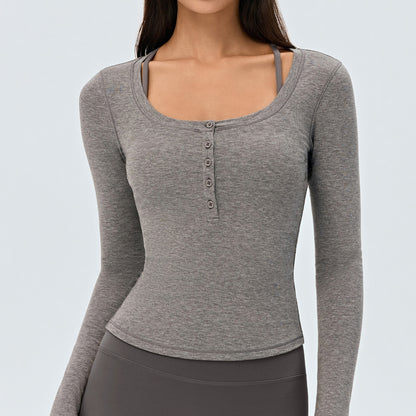 Long Sleeve Yoga T-Shirt Women Slim Fit Slimming U-Neck Henley Top Featherun