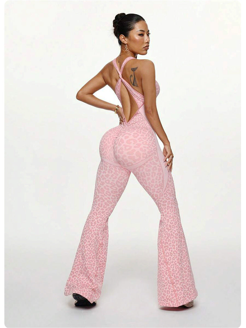 Yoga Jumpsuit Leopard Seamless Cross Back One Piece Women Featherun