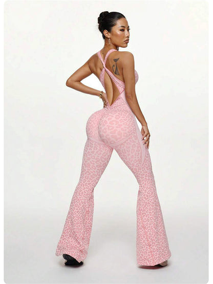 Yoga Jumpsuit Leopard Seamless Cross Back One Piece Women Featherun