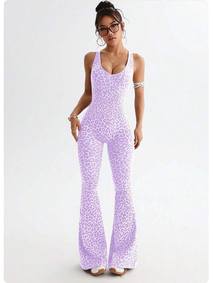 Yoga Jumpsuit Leopard Seamless Cross Back One Piece Women Featherun