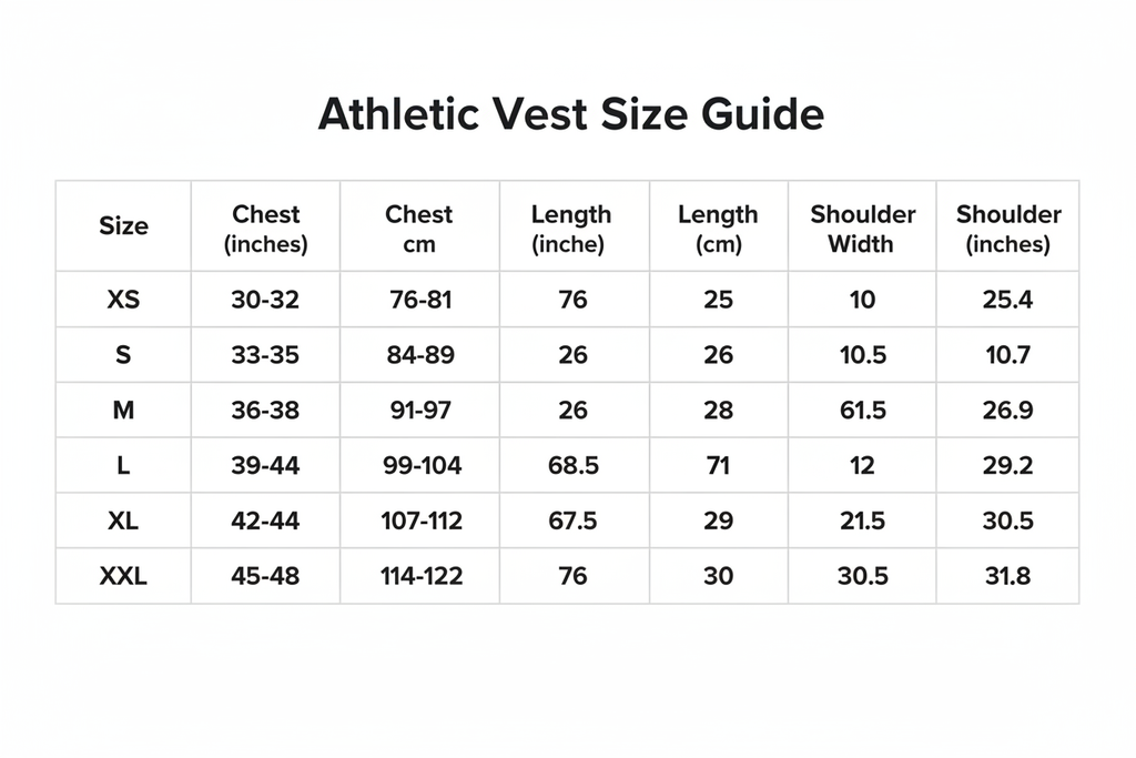 运动背心尺码表，英文版，