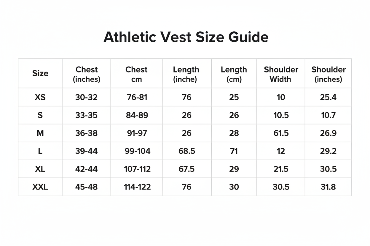 运动背心尺码表，英文版，