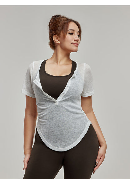 Plus Size Yoga Clothes Short-Sleeved Waist Slimming Slightly Fat Girl Sports Cover-up Tops