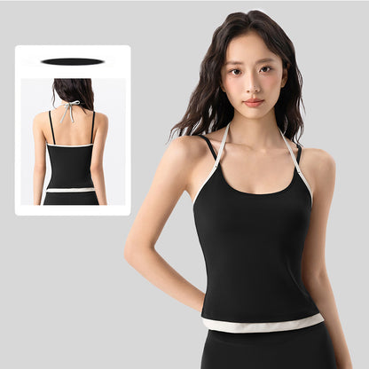 Contrast Halter Yoga Cami Tank Top  Built-In Bra V-Neck Padded for Women Featherun