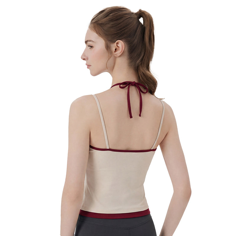 Contrast Halter Yoga Cami Tank Top  Built-In Bra V-Neck Padded for Women Featherun