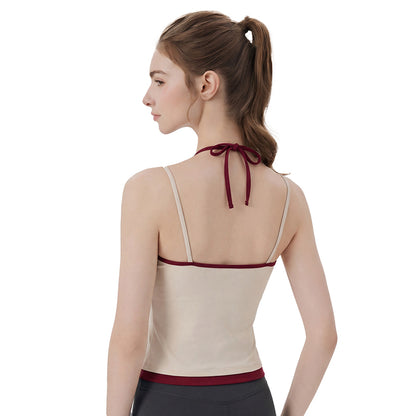 Contrast Halter Yoga Cami Tank Top  Built-In Bra V-Neck Padded for Women Featherun