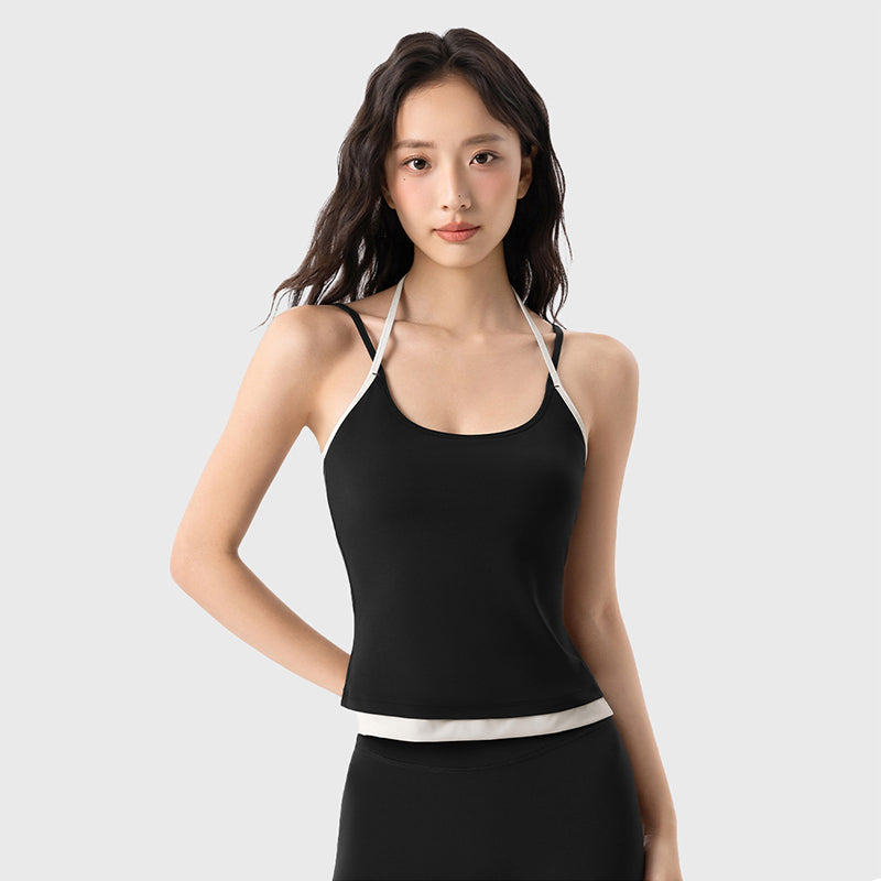 Contrast Halter Yoga Cami Tank Top  Built-In Bra V-Neck Padded for Women Featherun