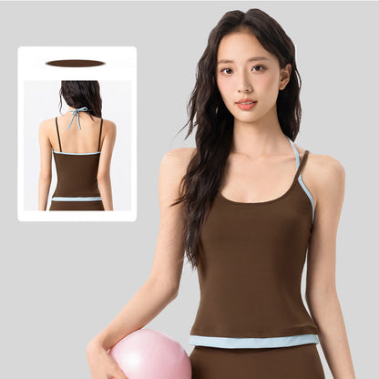 Contrast Halter Yoga Cami Tank Top  Built-In Bra V-Neck Padded for Women Featherun