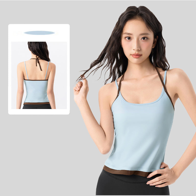 Contrast Halter Yoga Cami Tank Top  Built-In Bra V-Neck Padded for Women Featherun