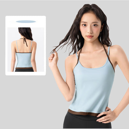 Contrast Halter Yoga Cami Tank Top  Built-In Bra V-Neck Padded for Women Featherun