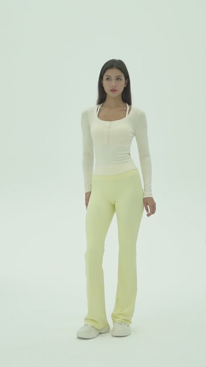 Long Sleeve Yoga T-Shirt Women Slim Fit Slimming U-Neck Henley Top