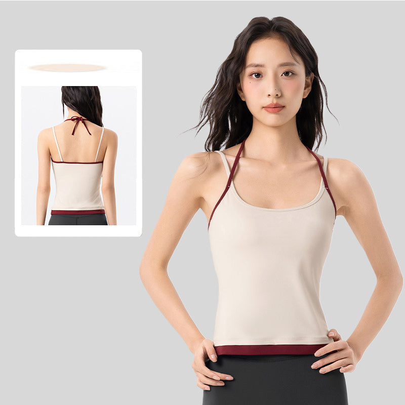 Contrast Halter Yoga Cami Tank Top  Built-In Bra V-Neck Padded for Women Featherun